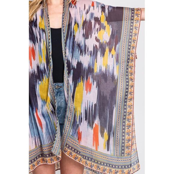DIONA J GEOMETRIC TRIM TIE DYE PRINT KIMONO CARDIGAN ONE SIZE COLOR NAVY - Picture 6 of 7